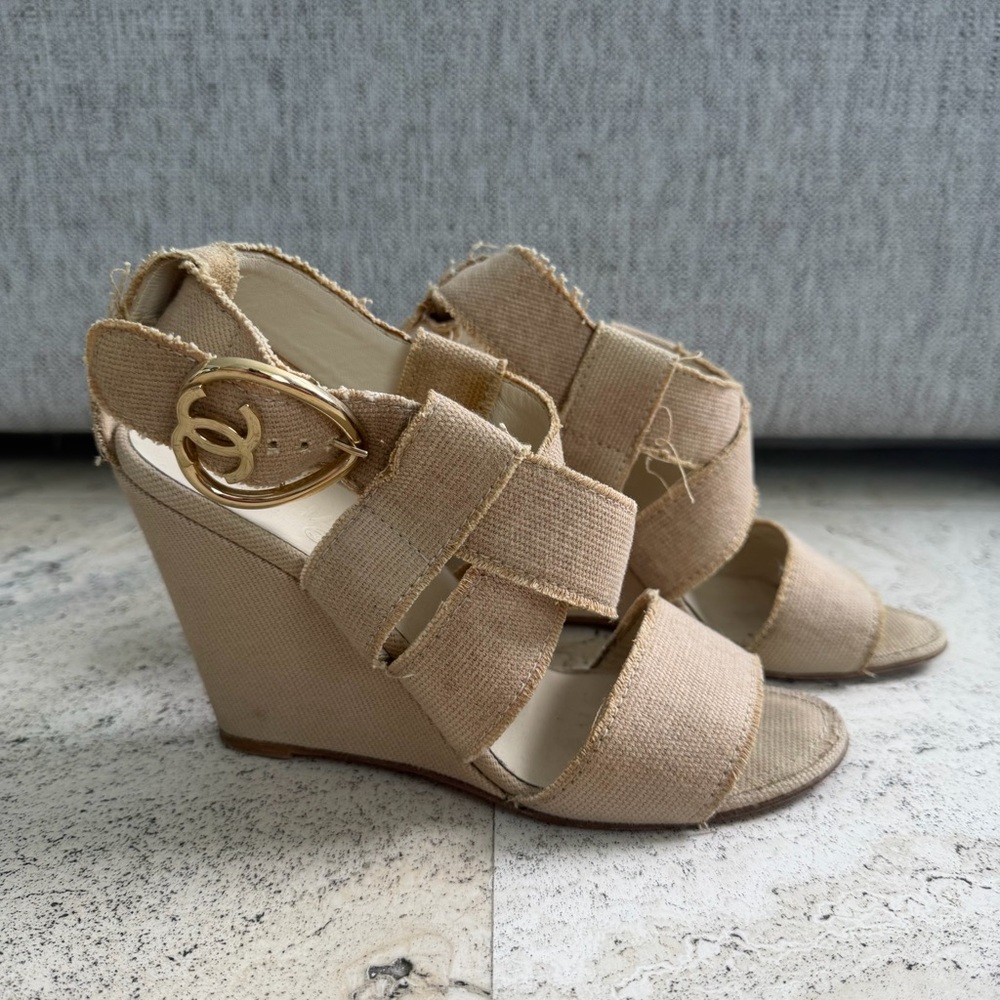 Chanel Canvas Wedge Sandals